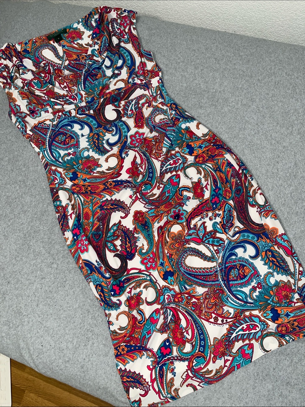 Ralph Lauren Paisley Sheath Dress in White Teal Red 12 Rouge Stretchy